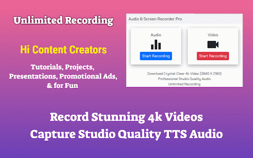 Audio & Screen Recorder Pro :: Capture Crystal-Clear 4k Video (3840 X 2160) and Professional Studio Quality Audio for Tutorials, Presentations, & Video Editing.