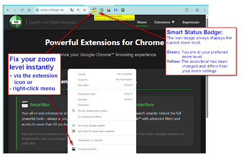 One-Click Zoom Fix - for Google Chrome :: Free tool to fix web zoom with one click! Set your preferred zoom level and restore your perfect focus every time.