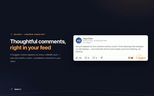 SolenAI LinkedIn Assistant :: Draft short, thoughtful LinkedIn comments with SolenAI — human-in-the-loop.
