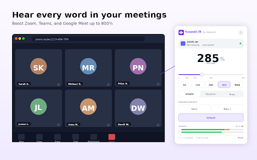 SoundLift — Volume Booster for Zoom, Teams, Meet & Music :: Boost any tab up to 800%. Louder Zoom calls, Teams meetings, YouTube, Netflix. Equalizer, per-site memory, multi-tab mixer.