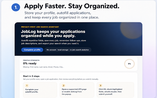 JobLog — Application Tracker & Autofill :: Autofill job applications, track follow-ups, save job descriptions, and organize your job search locally.