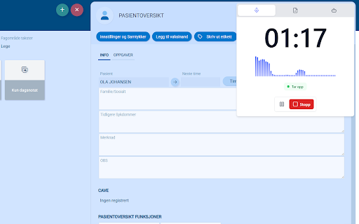 Journalhjelp for Pridok :: GDPR-kompatibel KI-assistent for norske leger som gir mer tid til pasientene. Skjemautfylling og transkripsjon direkte i Pridok.