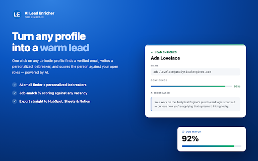 AI Lead Enricher for LinkedIn - Lead Generation & Matching :: Enrich LinkedIn profiles with AI-guessed emails, personalized icebreakers, and job-match scoring.