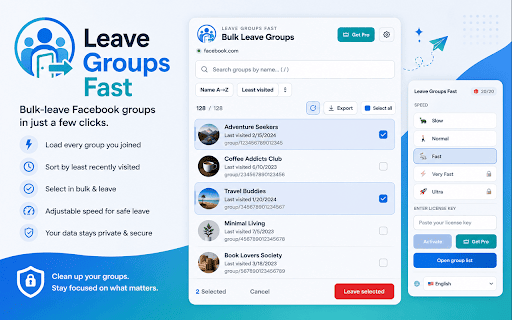 Leave Facebook Groups Fast :: Bulk-leave Facebook groups fast: load every group you joined, select in bulk, and leave them at a safe, adjustable speed.