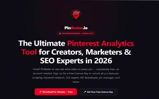 PinRadar.io — Viral Pins & Hidden Pinterest Analytics :: Reveal hidden Pinterest stats, viral scores, sort by engagement, export CSV, download HD media — all 100% local.