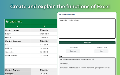 Excel Formula Maker :: Install Excel Formula Maker: ai spreadsheet to create and explain functions. Use an excel formula generator instead of cheat sheet.