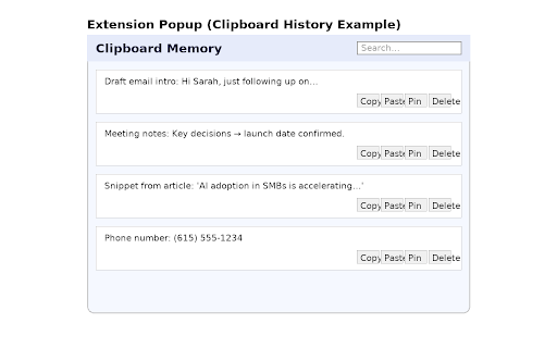 Smart Copy‑Paste Memory :: A lightweight clipboard history with search, cleanup, and one‑click paste into any text field.
