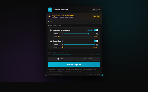 Audio Splitter Lite :: Route tab audio to multiple Bluetooth speakers at once. Free: 2 devices. Pro: 5 devices, L/R split, bass & vocals.