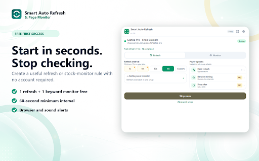 Smart Auto Refresh & Page Monitor :: Auto-refresh tabs and monitor prices, stock, jobs, tickets, or any page change. Get browser, email, and webhook alerts.