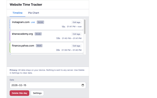 Website Time Tracker :: Track time spent per website (by domain) daily. Daily timeline and pie chart. All data stays on your device.