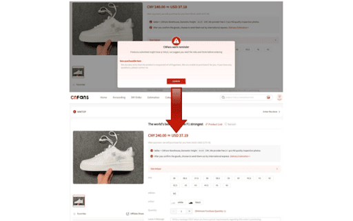 CNFans Warning Remover :: Removes purchase warning overlays on CNFans product pages and provides site-wide support and alternative links.