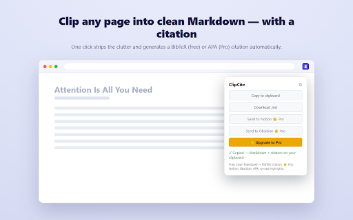 ClipCite — Citation Generator & Web Clipper :: Citation generator and web clipper: cite any page in BibTeX or APA and save a clean Markdown clip to Notion or Obsidian.