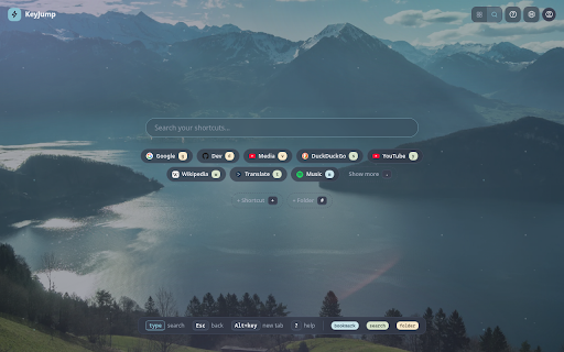 KeyJump: Keyboard-First New Tab :: Keyboard-first new tab: one key opens your pages, folders and searches. Themes, wallpapers, safe sync, and an on-page overlay.
