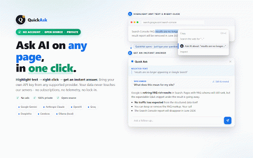 QuickAsk – Instant AI Chat :: Right-click any text to get instant AI answers. Use your own API key with the AI provider of your choice. Private, no sign-up.