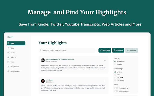Screvi — Stop Forgetting What You Read :: Save Bookmarks and highlights from eReaders, X, YouTube, and the open web.