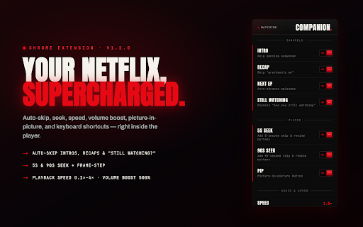 Netflix Companion :: Netflix power tools: auto-skip, 5s/90s seek, picture-in-picture, frame-step, playback speed, volume boost, and keyboard shortcuts.