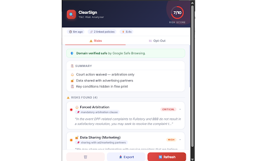ClearSign - T&C Risk Analyzer :: Detects hidden risks, dark patterns, auto-renewals, and service termination clauses in Terms & Conditions