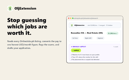 OljExtension :: OnlineJobs.ph job-seeker tools: rate filtering, scam/red-flag checks & an application tracker, plus optional AI insights & drafting.
