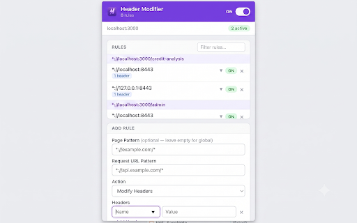 Header Modifier :: Chrome extension that allows you to modify HTTP headers for specific URLs and apply rules based on the current page you're visiting.