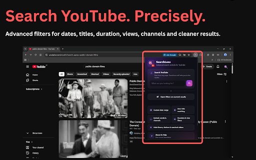 SearchLens for YouTube :: Advanced YouTube search controls for custom dates, strict matching, duration, views, channels, and cleaner results.