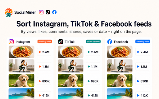 SocialMiner - Sort Feed Sorter & Downloader for Instagram, TikTok, Facebook :: Sort Instagram, TikTok & Facebook Reels/Posts by views, likes, comments, date or viral score. Bulk download videos, export CSV/JSON.