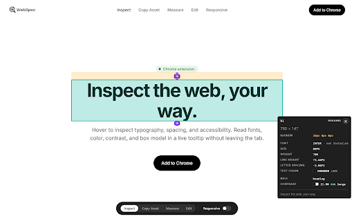 WebSpec :: Inspect any element by hovering — DevTools-style details in a live tooltip.