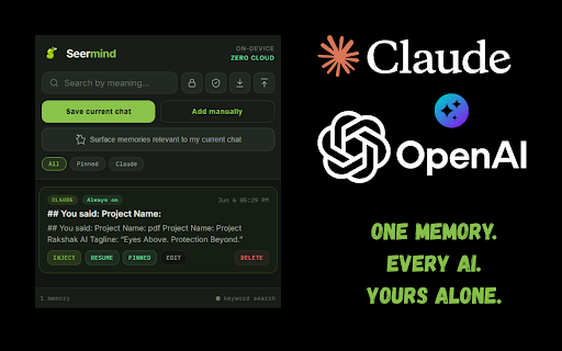 Seermind — your AI memory, on your device :: Local AI memory for Claude, ChatGPT & Gemini. Save chats on your device and bring context back. Zero cloud.
