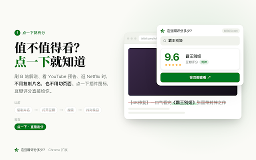 这豆瓣评分多少?- 电影/电视剧评分一键查 · Douban Movie & TV Rating :: 看电影、追剧、刷 B 站解说、逛 Netflix / YouTube 时,点一下就显示豆瓣评分,一键直达豆瓣条目。电影、电视剧、综艺、动漫都能查,中英文片名都认得。
