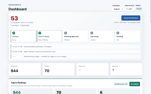 BookmarkOps :: Sync-safe AI bookmark cleanup. Review first, apply safely.