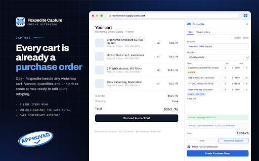 Foxpedite Capture :: Turn any webshop cart — or an emailed supplier quote — into a Foxpedite purchase order in one click.
