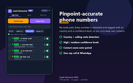Email, Phone & Social Lead Extractor – Free Bulk Web Crawler :: Accurately extract emails, phone numbers (with country & name) & social profiles. Bulk scan, deep crawl, CSV/vCard export. Private.