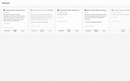 Read Later :: Save pages to read later in one click, summarize them with AI, and revisit them from a tidy library.