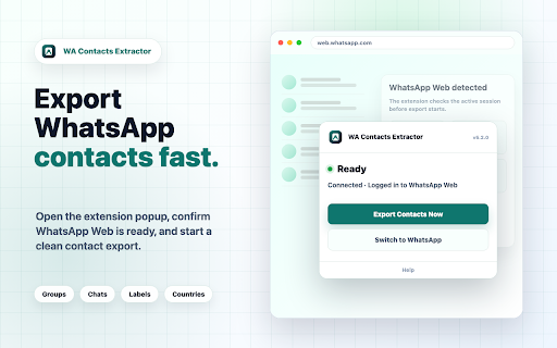 WA Contacts Extractor - Export WhatsApp Contacts :: Export WhatsApp contacts from groups, chats, labels, and countries to CSV, Excel, JSON, or VCard.
