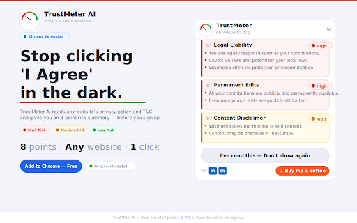 TrustMeter AI — Privacy & Terms Analyzer :: Understand any site's privacy & terms in 8 points, before you sign up.
