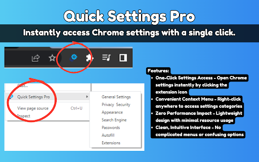 Quick Settings Pro :: Instantly access Chrome settings with a single click.