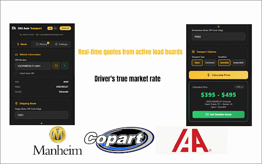 Das Auto-Instant Auction Car Transport Rates Extension-Copart,Manheim,IAAI :: Real-time transport quotes for dealers. Driver's market rate + flat $75 broker fee. No markups.