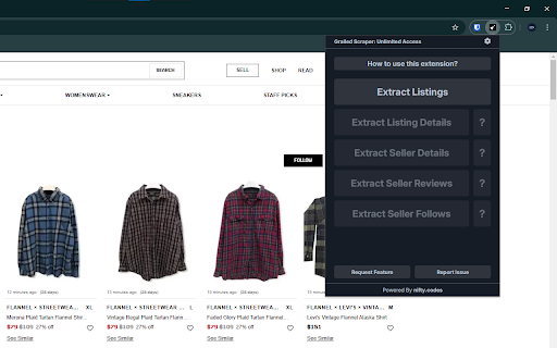 Grailed Scraper: Export Listings, Reviews, Sellers & more :: Scrape Listings, Details, Sellers, and more from Grailed, with options to export in formats such as CSV, Excel, JSON, and others.