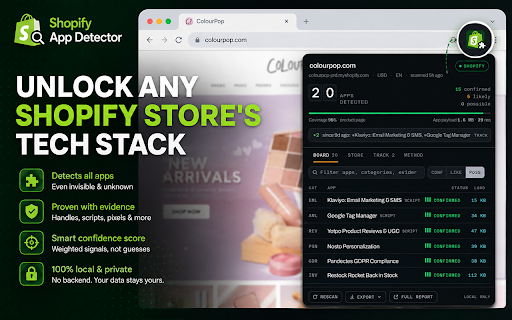 Shopify App Detector :: The Shopify app detector that shows its evidence — apps, theme, pixels and tech stack of any Shopify store. Local, free, no signup.
