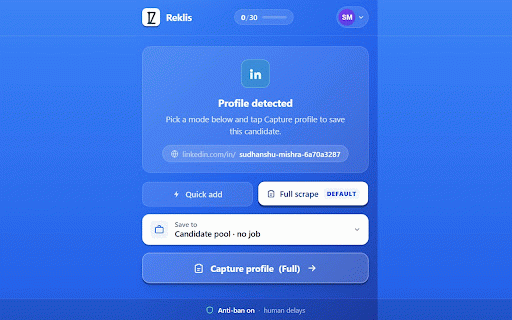 Reklis — Rekzon LinkedIn Sourcing :: One-click LinkedIn sourcing for your Rekzon ATS. Capture candidates from any profile straight into your hiring pipeline.