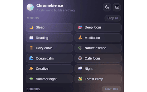Chromebience — Ambient Focus :: A premium ambient sound mixer for focus, sleep, study, meditation and deep work. Plays in the background across tabs.