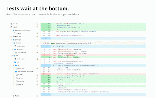 Geld :: Hide test files from GitHub diffs. Review what matters; the tests wait in a tidy section at the bottom.