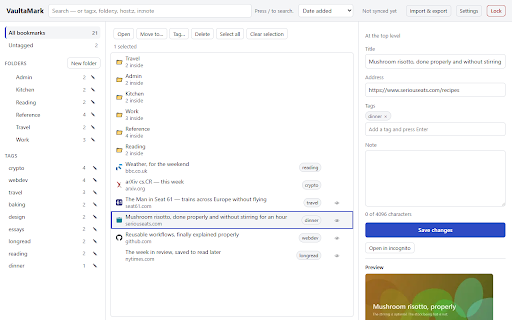 VaultaMark :: Bookmarks Chrome doesn't know about. No omnibox autocomplete, opens in incognito, encrypted, optional sync via your Google Drive.