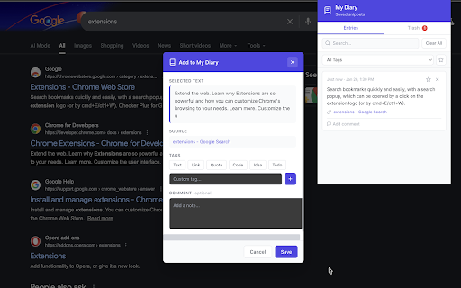 My Diary :: Save selected text snippets to your personal diary with notes and comments