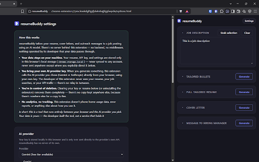 resumeBuddy :: Tailor your resume, cover letter, and outreach to a job posting — right in your browser, using your own AI provider key.