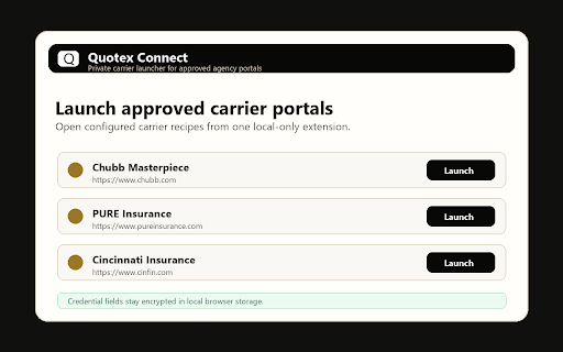 Quotex Connect :: Secure per-user carrier portal launcher for Quotex with local-only encrypted credentials.