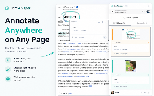 DomWhisper: Start a Discussion on Any Webpage :: A comment layer for the web. Highlight text or mark any spot to start a discussion on any webpage. Private or shared.