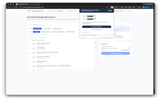 SamparkSetu Connector :: Companion for SamparkSetu. Connects your messaging session for contact verification, group tools, and outreach workflows.
