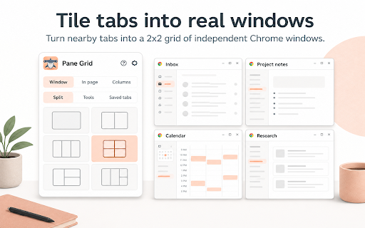 Split Screen, Tile Tabs, Tab Resize, Snap Windows, Save Restore Layouts 2x2 :: Split Screen: split tabs into real Chrome windows, tile, snap on multiple monitors, and save or restore window layouts in one click.