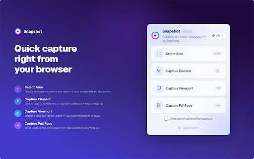 Snapshot - Screenshot & Annotate :: Capture, annotate and beautify screenshots with area selection, full page capture, annotations, browser frames and more.