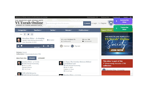Shiur AI Assistant :: Generate AI-powered notes and transcripts from YUTorah shiurim with one click - completely private and local